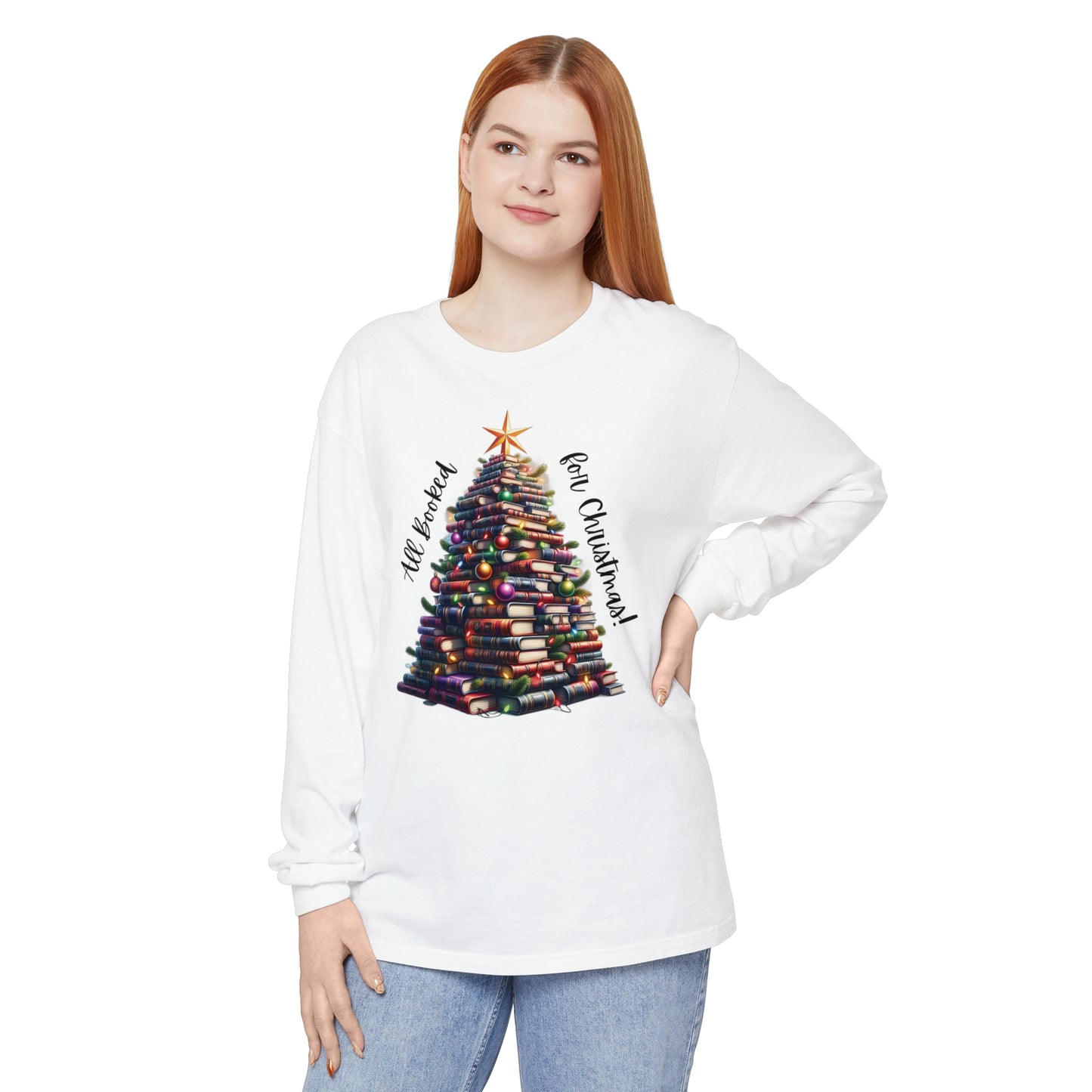 Christmas Book Tree Long Sleeve Tee | Festive Literary Shirt for Book Lovers & Teachers | Cozy Holiday Top