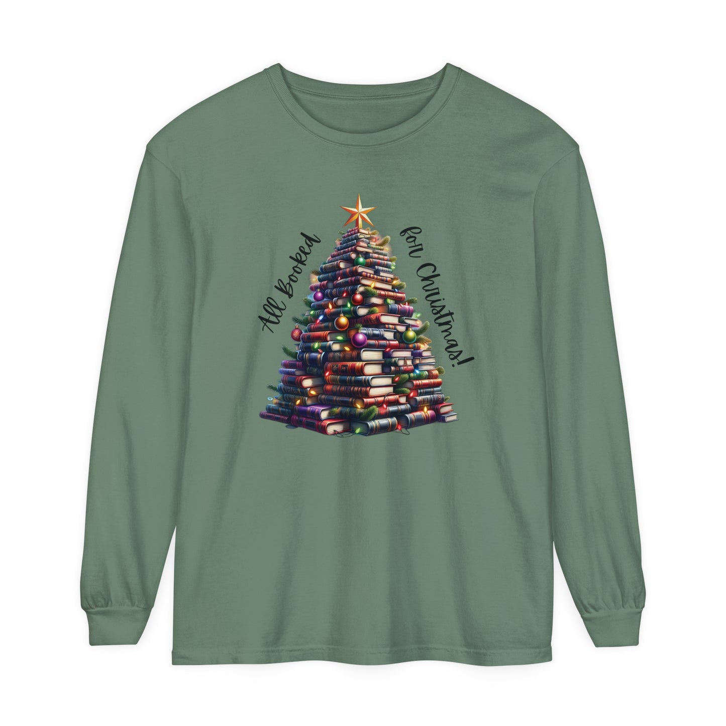 Christmas Book Tree Long Sleeve Tee | Festive Literary Shirt for Book Lovers & Teachers | Cozy Holiday Top