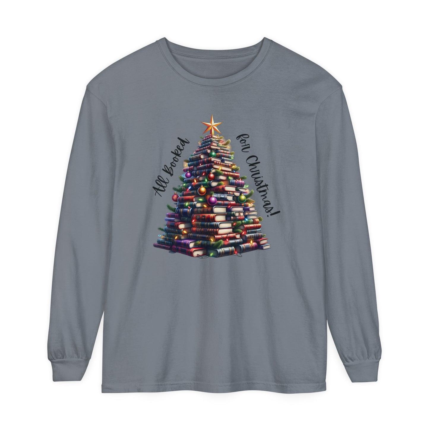Christmas Book Tree Long Sleeve Tee | Festive Literary Shirt for Book Lovers & Teachers | Cozy Holiday Top