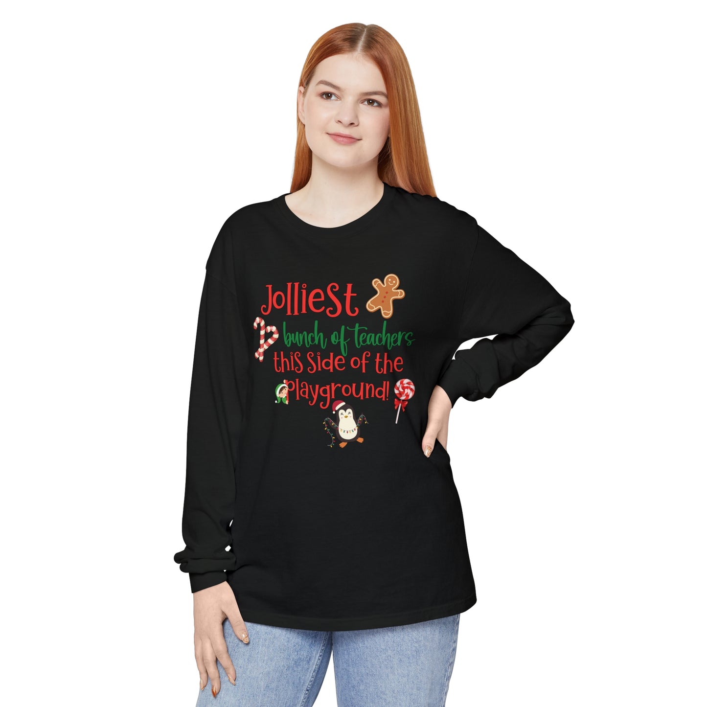 Jolliest Bunch of Teachers Long Sleeve Comfort Colors T-Shirt | Holiday Teacher Shirt | Funny Christmas Teacher Gift