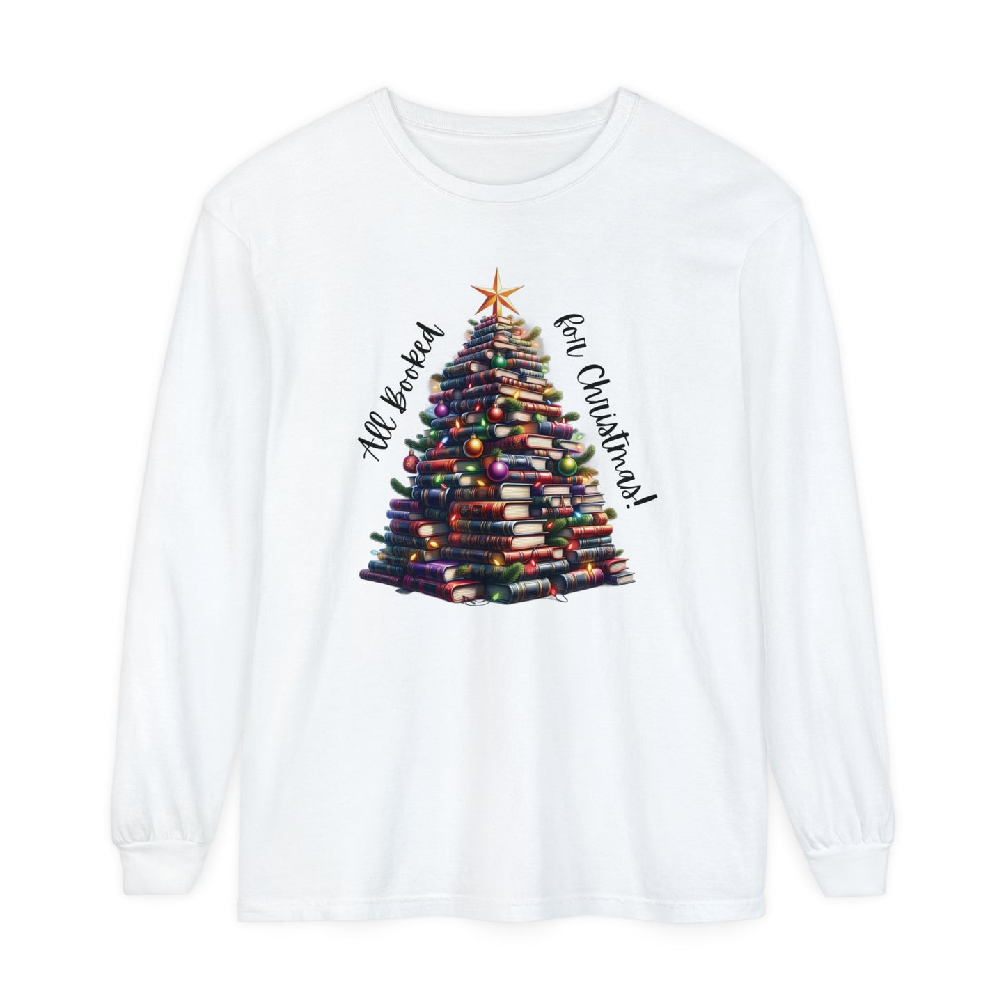 Christmas Book Tree Long Sleeve Tee | Festive Literary Shirt for Book Lovers & Teachers | Cozy Holiday Top