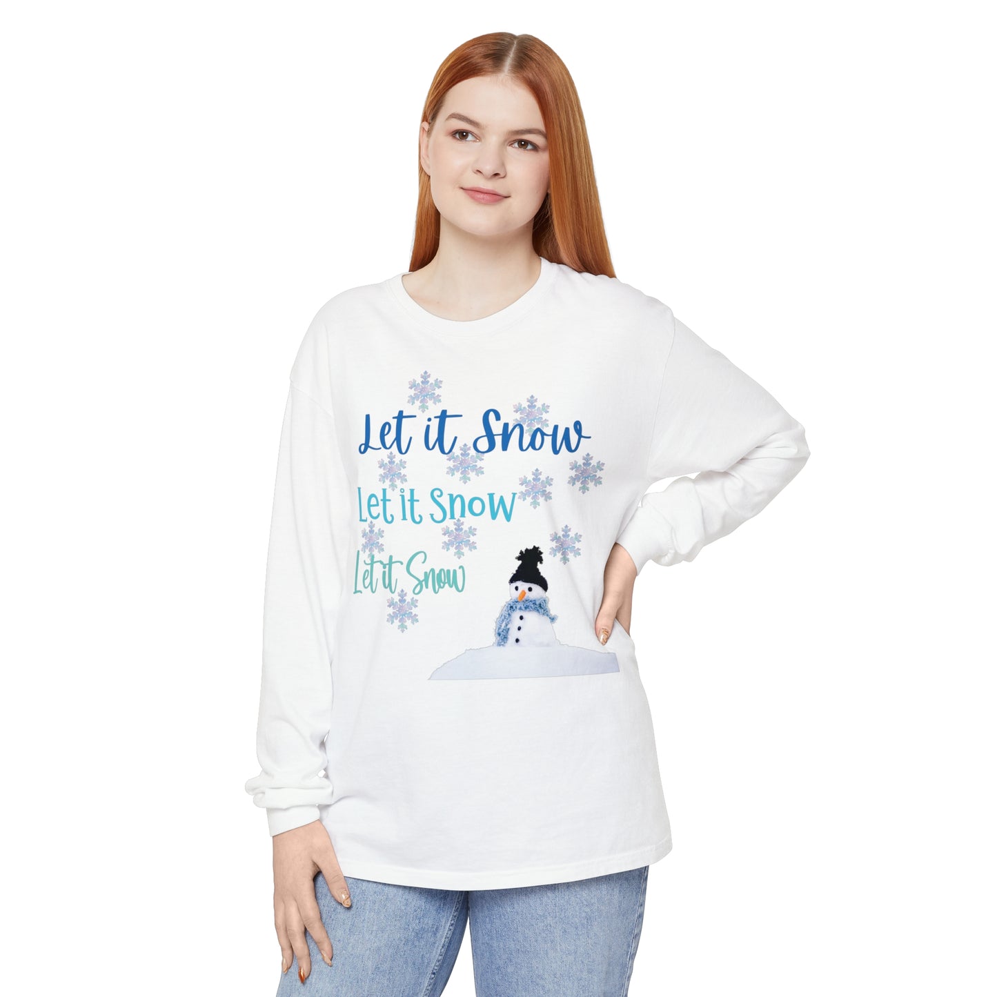 Let It Snow Long Sleeve Tee | Winter Snowman Shirt | Cozy Holiday Snowflakes Top | Cold Weather Shirt