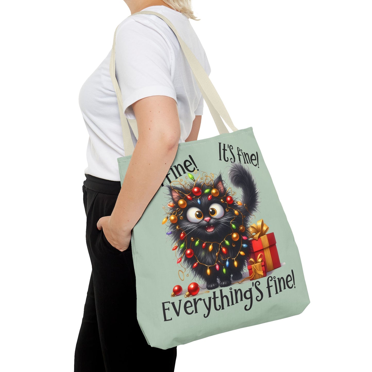Funny Christmas Cat Tote Bag | "Everything's Fine" Holiday Tote | Adorable Gift for Cat Lovers