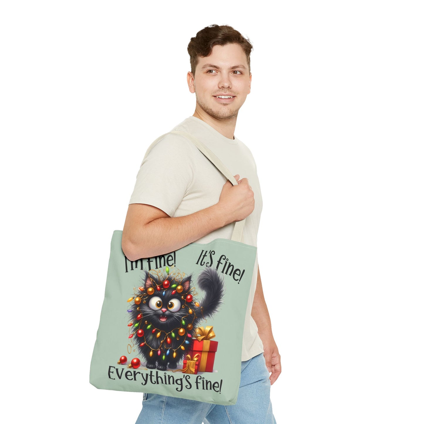Funny Christmas Cat Tote Bag | "Everything's Fine" Holiday Tote | Adorable Gift for Cat Lovers