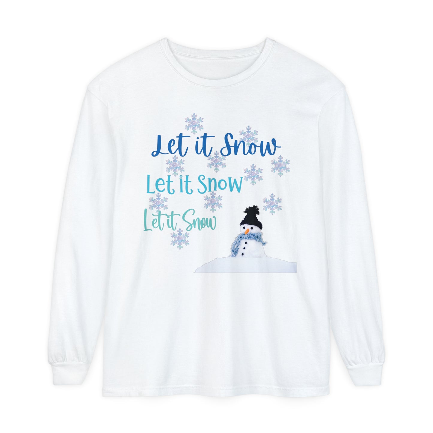 Let It Snow Long Sleeve Tee | Winter Snowman Shirt | Cozy Holiday Snowflakes Top | Cold Weather Shirt
