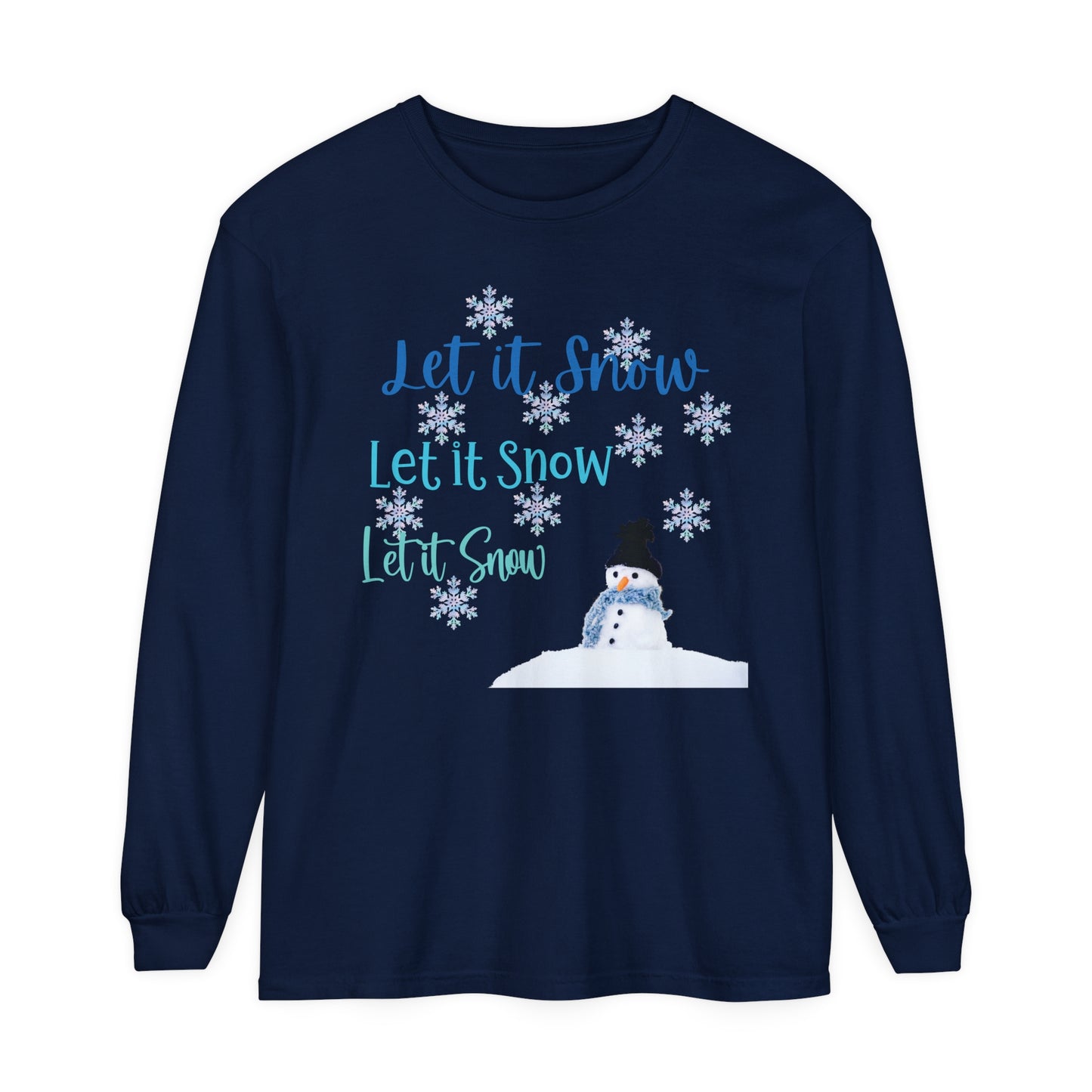 Let It Snow Long Sleeve Tee | Winter Snowman Shirt | Cozy Holiday Snowflakes Top | Cold Weather Shirt