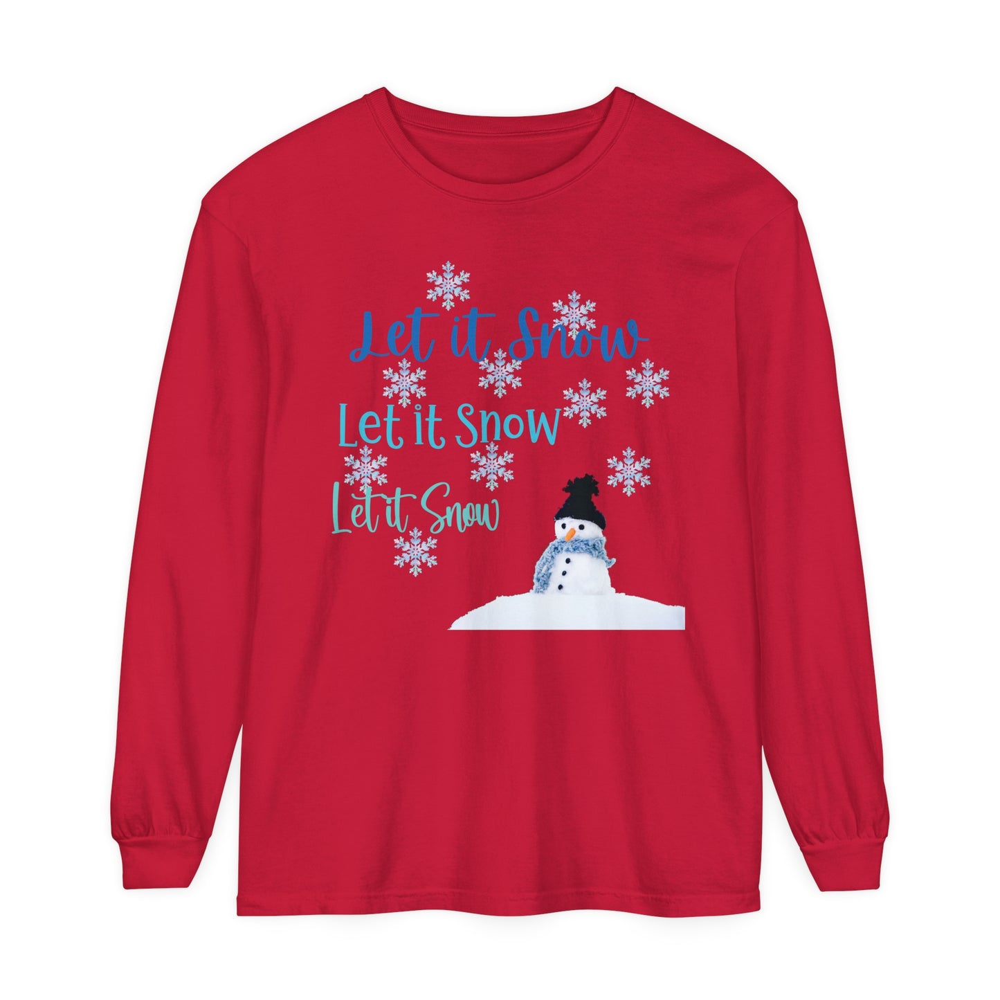 Let It Snow Long Sleeve Tee | Winter Snowman Shirt | Cozy Holiday Snowflakes Top | Cold Weather Shirt