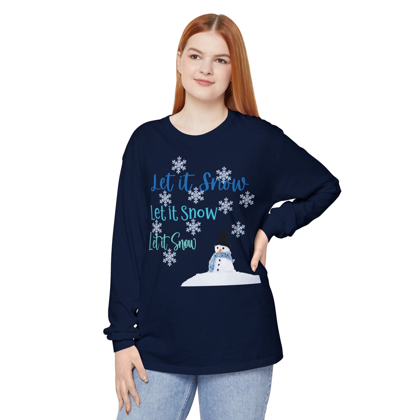 Let It Snow Long Sleeve Tee | Winter Snowman Shirt | Cozy Holiday Snowflakes Top | Cold Weather Shirt