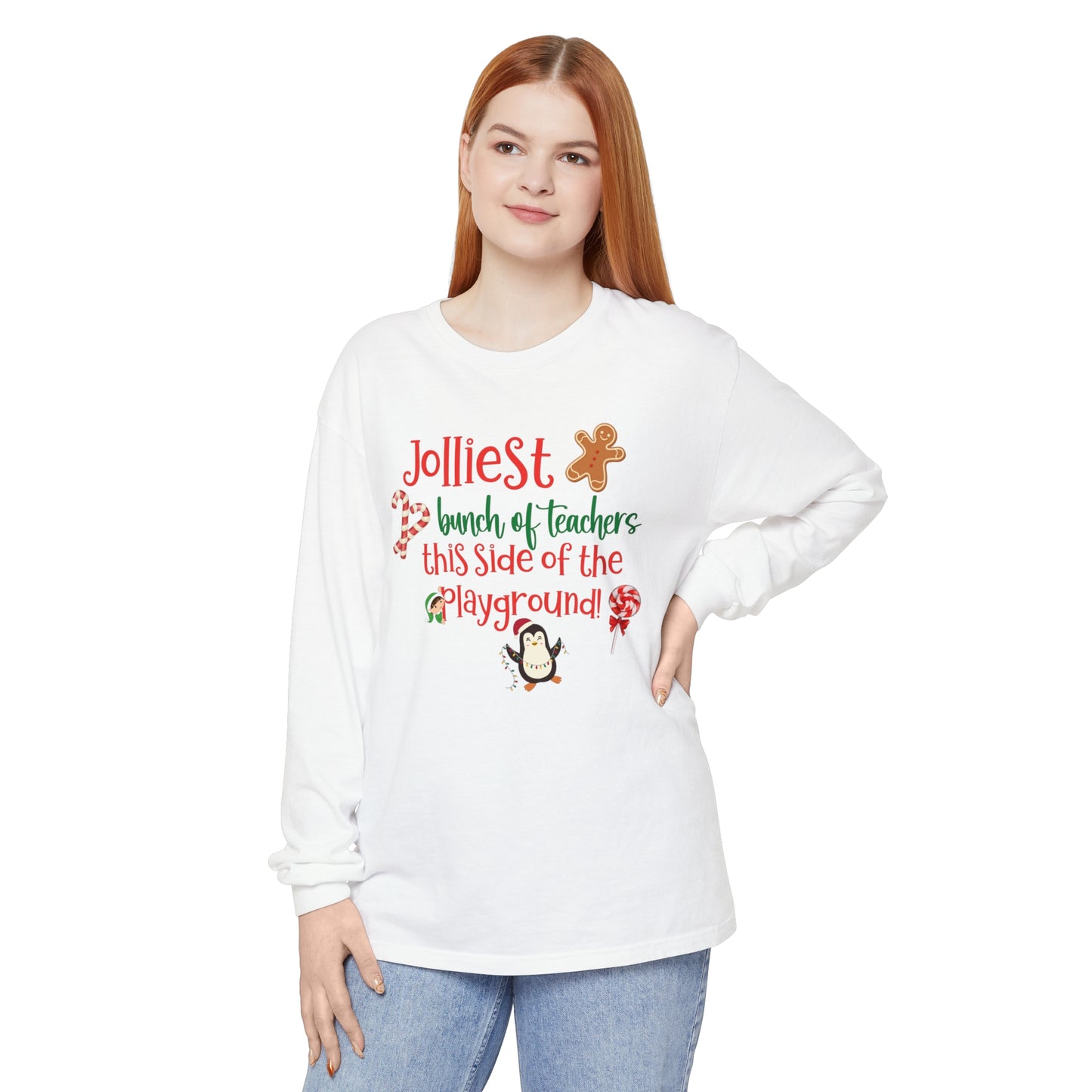Jolliest Bunch of Teachers Long Sleeve Comfort Colors T-Shirt | Holiday Teacher Shirt | Funny Christmas Teacher Gift