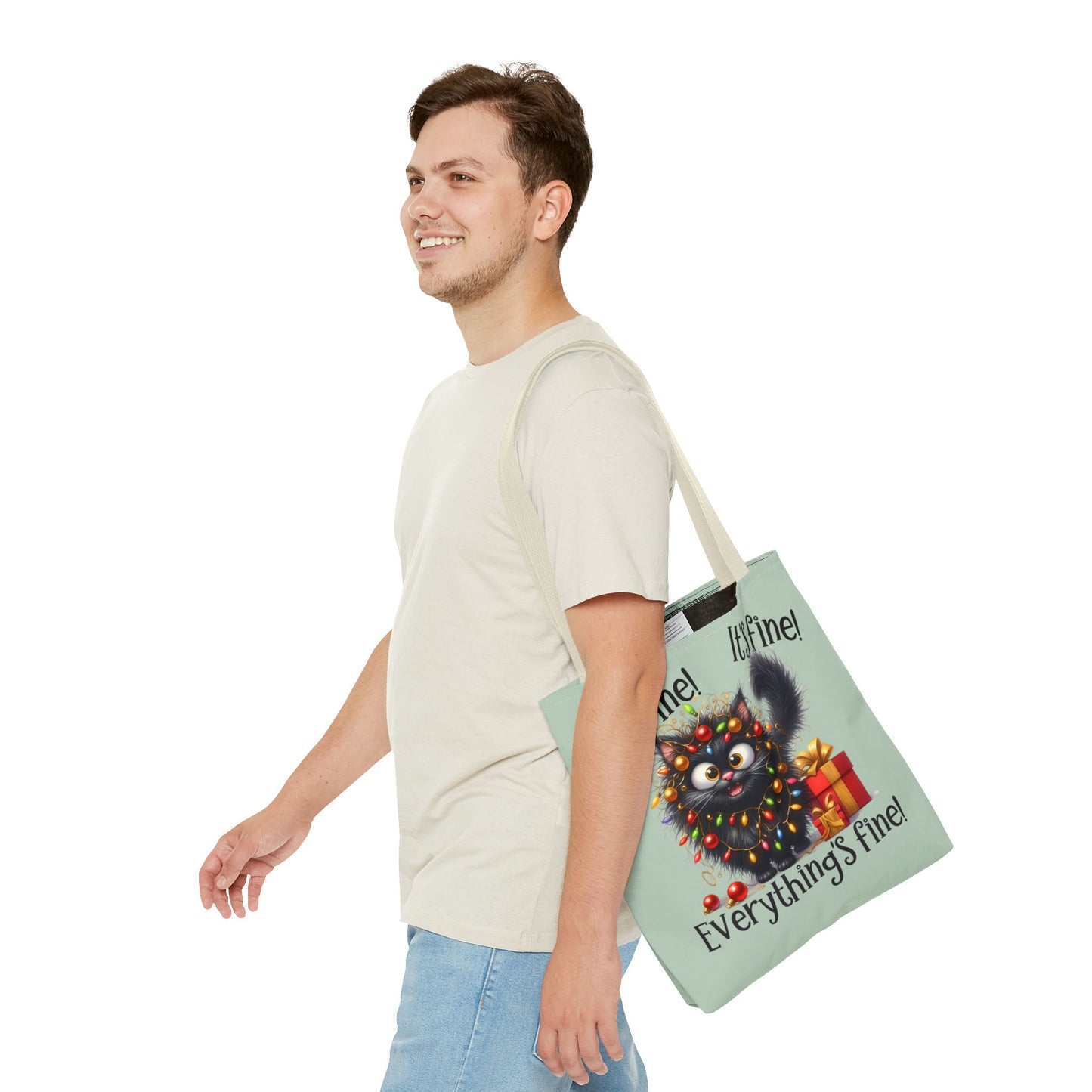 Funny Christmas Cat Tote Bag | "Everything's Fine" Holiday Tote | Adorable Gift for Cat Lovers