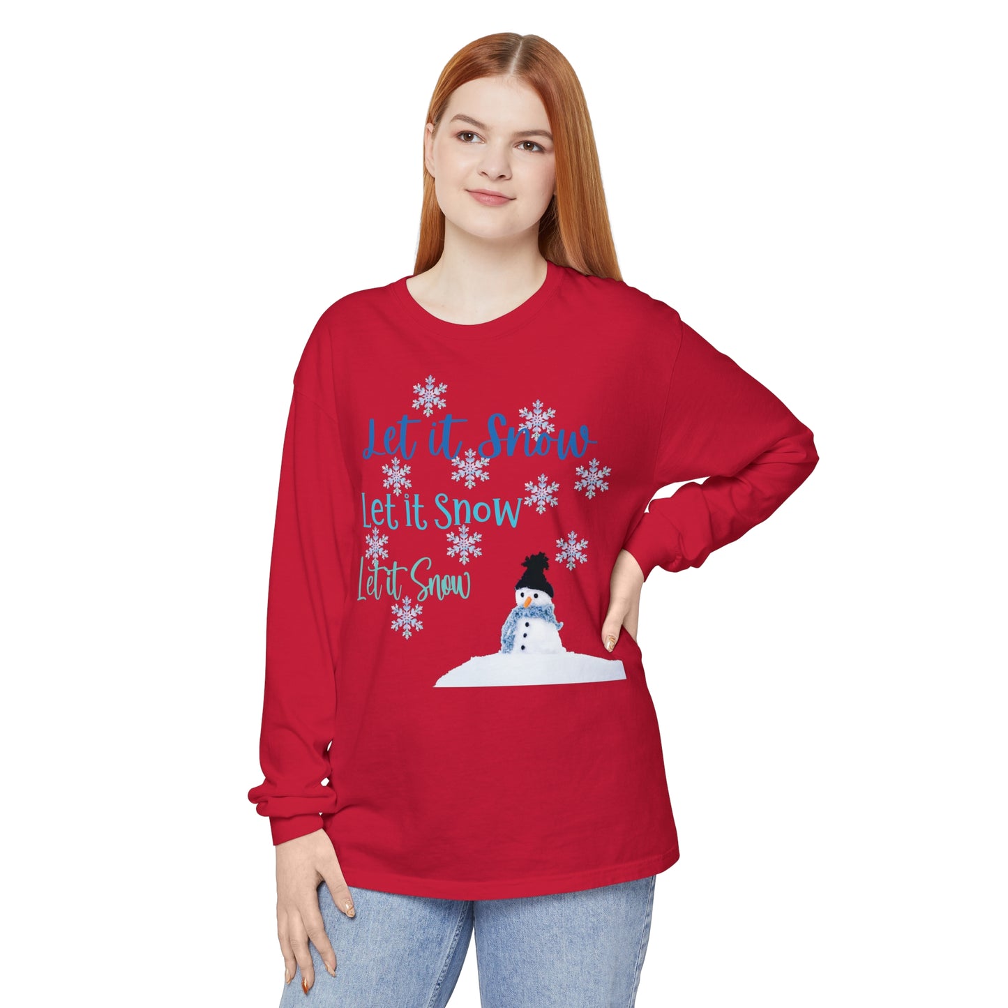 Let It Snow Long Sleeve Tee | Winter Snowman Shirt | Cozy Holiday Snowflakes Top | Cold Weather Shirt