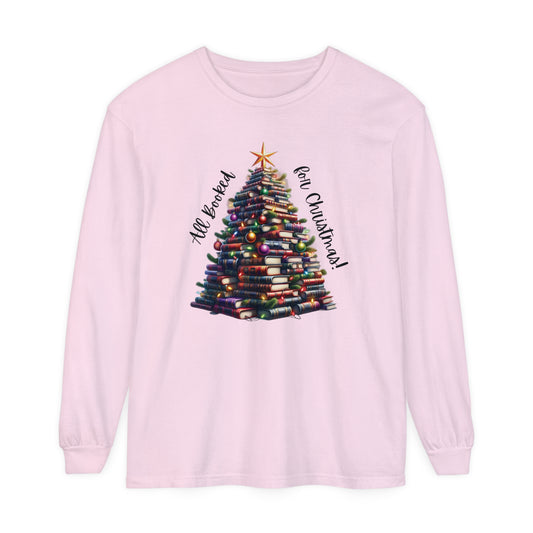 Christmas Book Tree Long Sleeve Tee | Festive Literary Shirt for Book Lovers & Teachers | Cozy Holiday Top
